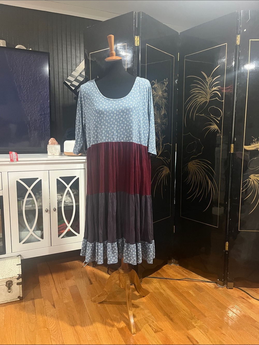 Tiered Midi Dress in Light Blue, Burgundy & Charcoal RE